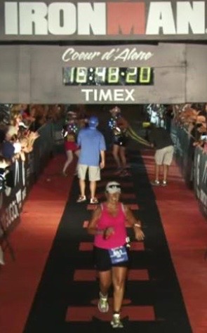WWHS Teacher Kim Reamer crosses the finish line in Coure d’Alene.