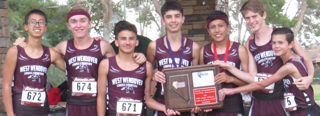 The Wolverine Cross Country team won the southern Division 1A/2A title at Divisional competition in Las Vegas on Friday, Oct. 28. The team left to right holding their winning plaque: Elijah Haynes, Colton Smith, Triston Franco, Joel Rodriguez, Jorge Aguirre, Daegan Wilcox, Zach Smith. The team ran saturday, November 5th, at State in Las Vegas, Nevada( no news yet how they did)
